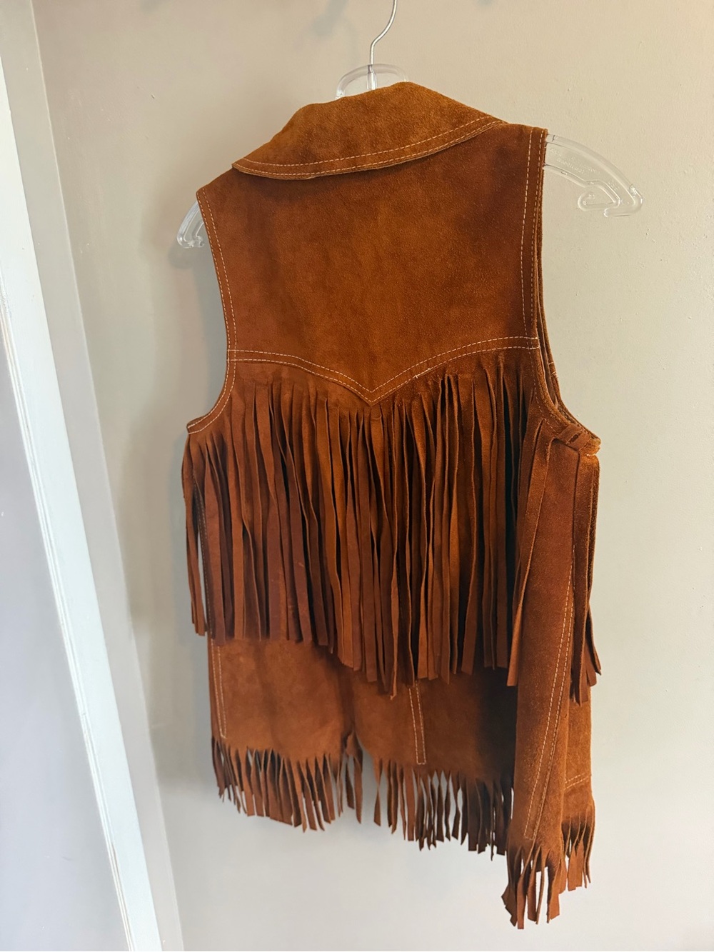 Vintage 70s Suede Leather Fringe Vest Mini Skirt Set Rust Brown XS S - Picture 12 of 13